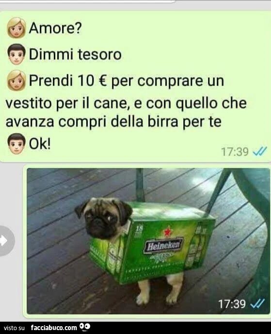 Amore? Dimmi tesoro. Prendi 10 € per comprare un vestito per il cane, e con quello che avanza compri della birra per te. Ok