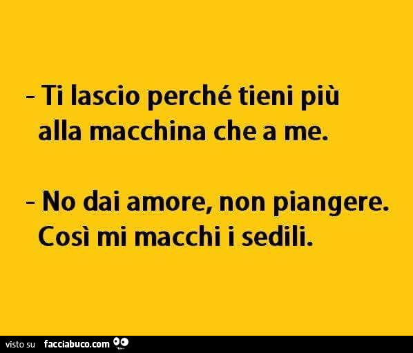 Ti lascio perché tieni più alla macchina che a me. No dai amore, non piangere. Così mi macchi i sedili