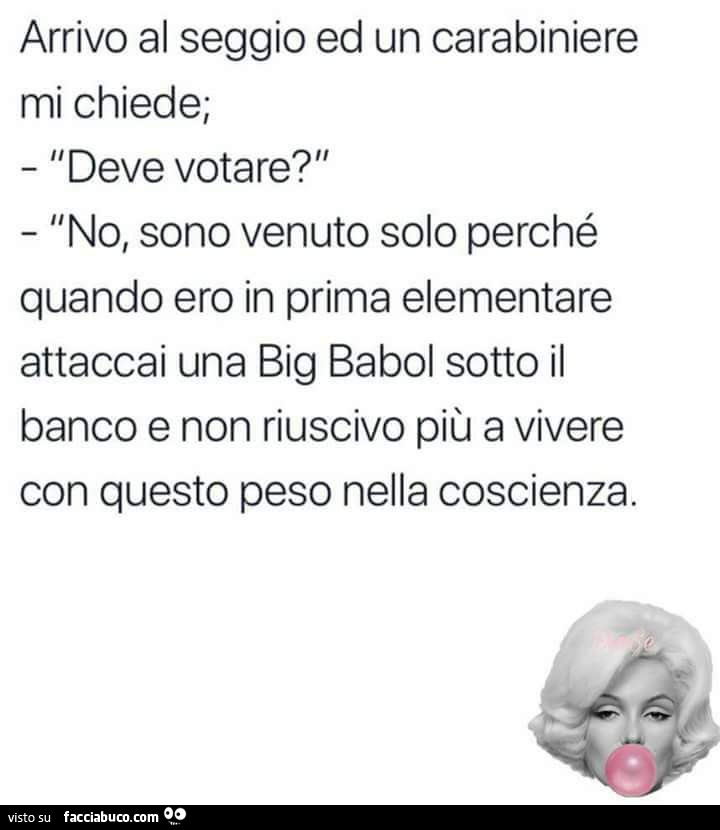 Arrivo al seggio ed un carabiniere mi chiede; deve votare? No, sono venuto solo perché quando ero in prima elementare attaccai una big babol sotto il banco e non riuscivo più a vivere con questo peso nella coscienza