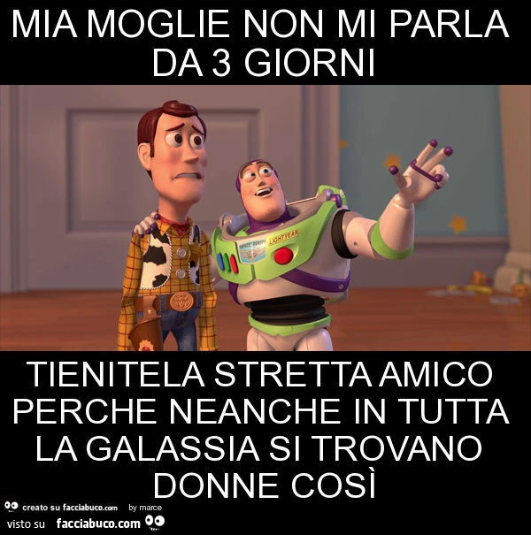 Mia moglie non mi parla da 3 giorni tienitela stretta amico perche neanche in tutta la galassia si trovano donne così