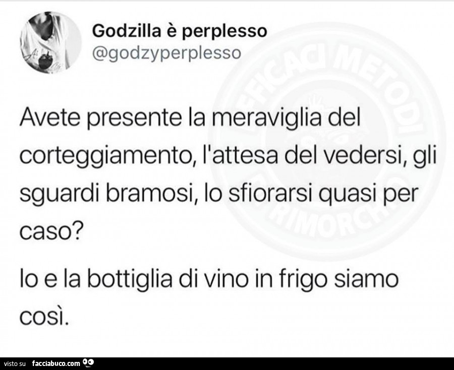 Avete presente la meraviglia del corteggiamento, l'attesa del vedersi, gli sguardi bramosi, lo sfiorarsi quasi per caso? Lo e la bottiglia di vino in frigo siamo così