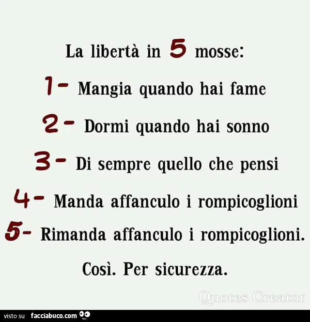 La libertà in 5 mosse: 1 mangia quando hai fame. 2 dormi quando hai sonno. 3 di sempre quello che pensi. 4 manda affanculo i rompicoglioni. 5 rimanda affanculo i rompicoglioni. Così. Per sicurezza