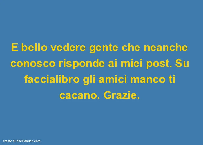 È bello vedere gente che neanche conosco risponde ai miei post. Su faccialibro gli amici manco ti cacano. Grazie.  