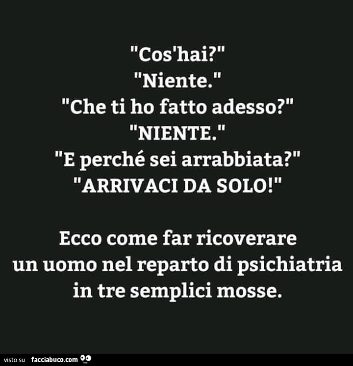 Cos'hai? Niente. Che ti ho fatto adesso? Niente. E perchè sei arrabbiata? Arrivaci da solo. Ecco come far ricoverare un uomo nel reparto psichiatra in tre semplici mosse