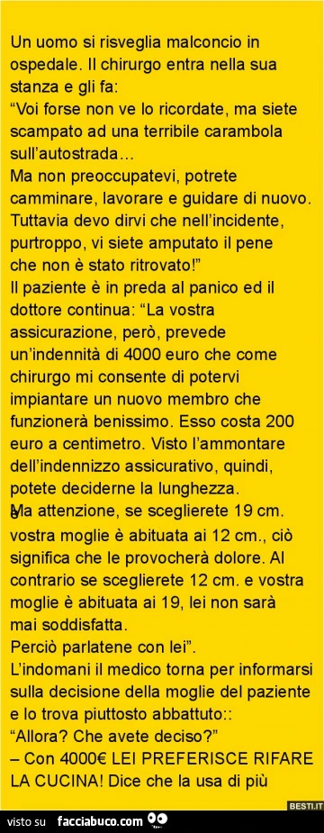 Un uomo si risveglia malconcio in ospedale. Il chirurgo entra nella sua stanza e gli fa: voi forse non ve io ricordate, ma siete scampato ad una terribile carambola sull'autostrada