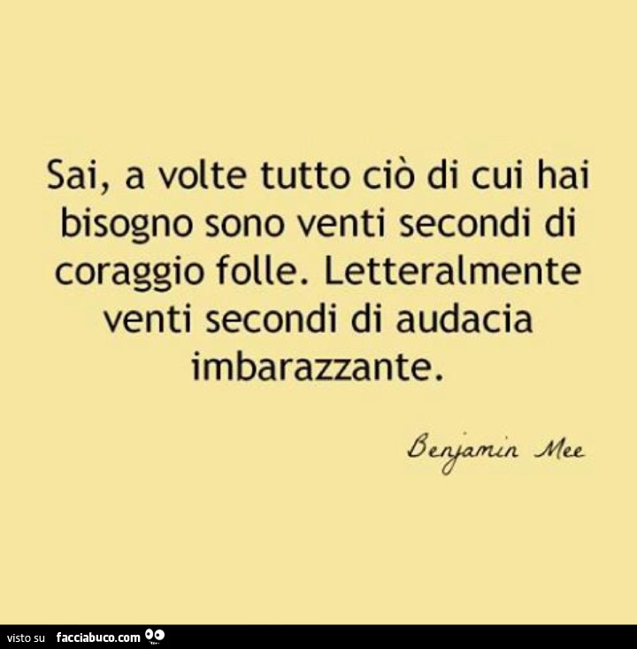 Sai, a volte tutto ciò di cui hai bisogno sono venti secondi di coraggio folle. Letteralmente venti secondi di audacia imbarazzante. Benjamin Mee