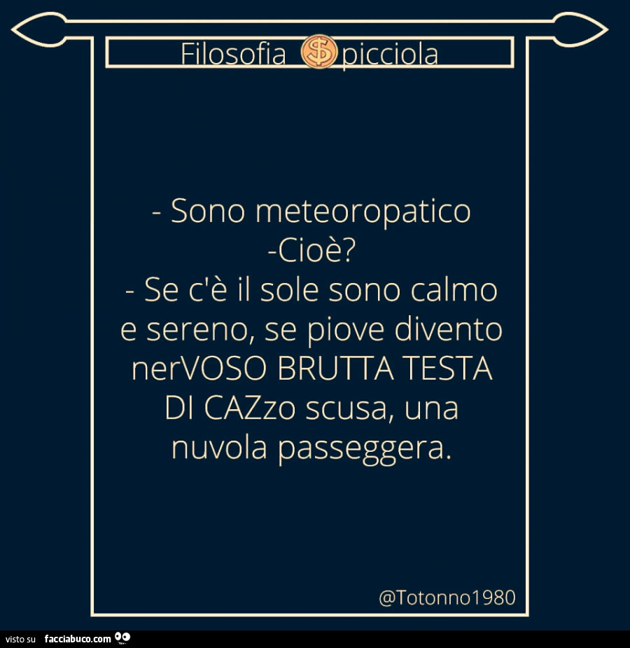 Sono meteoropatico. Cioè? Se c'è il sole sono calmo e sereno, se piove divento nervoso brutta testa di cazzo, scusa, una nuvola passeggera