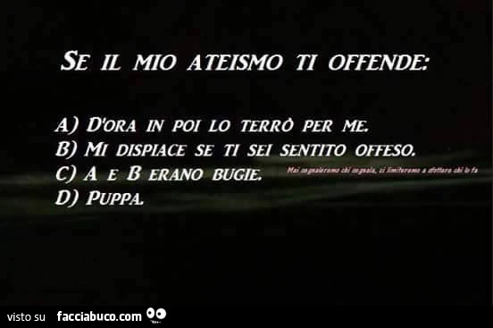 Se il mio ateismo ti offende: a) dora in poi lo terrò per me b) mi dispiace se ti sei sentito offeso. C) a e b erano bugie d) puppa