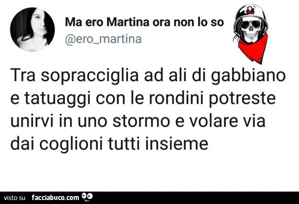 Tra sopracciglia ad ali di gabbiano e tatuaggi con le rondini potreste unirvi in uno stormo e volare via dai coglioni tutti insieme