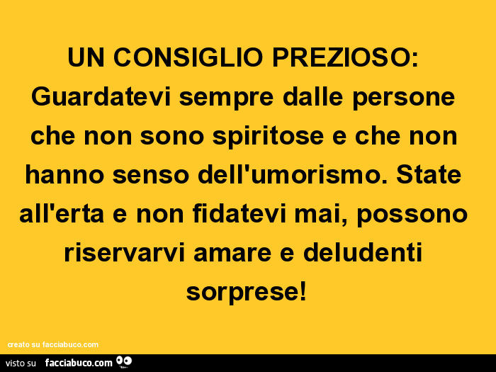 Un consiglio prezioso: guardatevi sempre dalle persone che non sono spiritose e che non hanno senso dell'umorismo. State all'erta e non fidatevi mai, possono riservarvi amare e deludenti sorprese