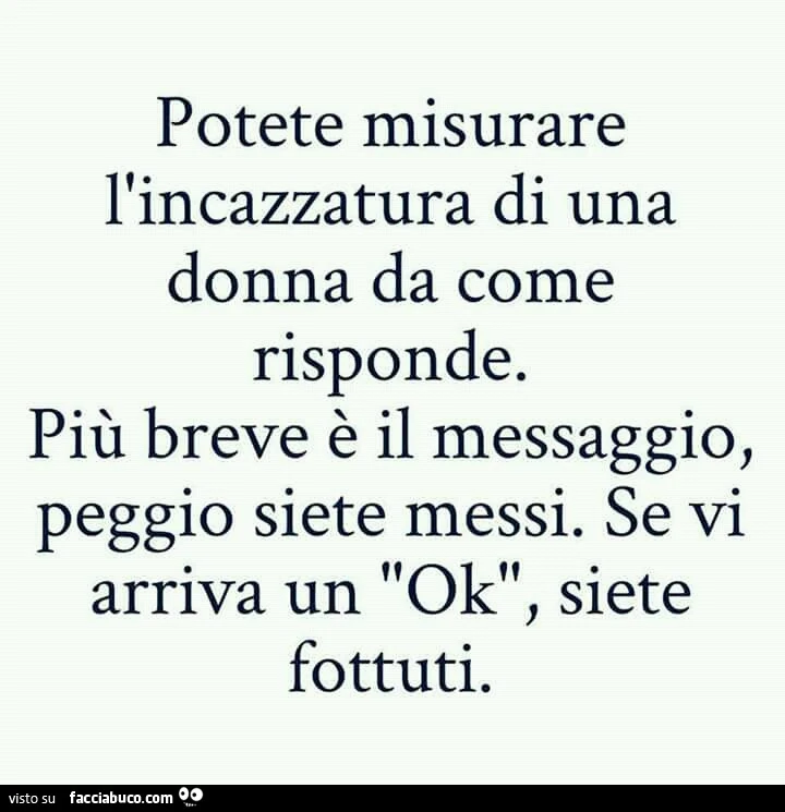 Potete misurare l'incazzatura di una donna da come risponde. Più è breve il messaggio, peggio siete messi. Se arriva un ok, siete fottuti