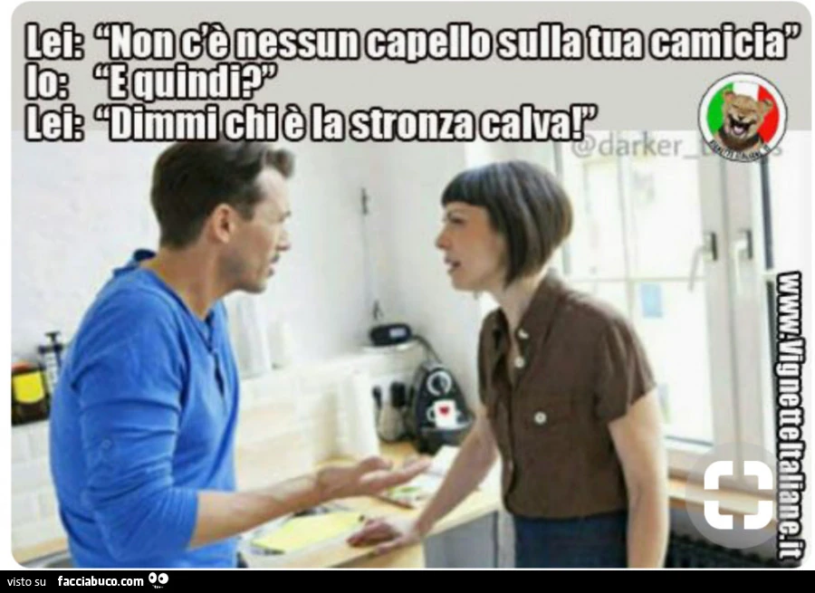 Lei: non c'è nessun capello sulla tua camicia. Io: e quindi? Lei: dimmi chi è la stronza calva