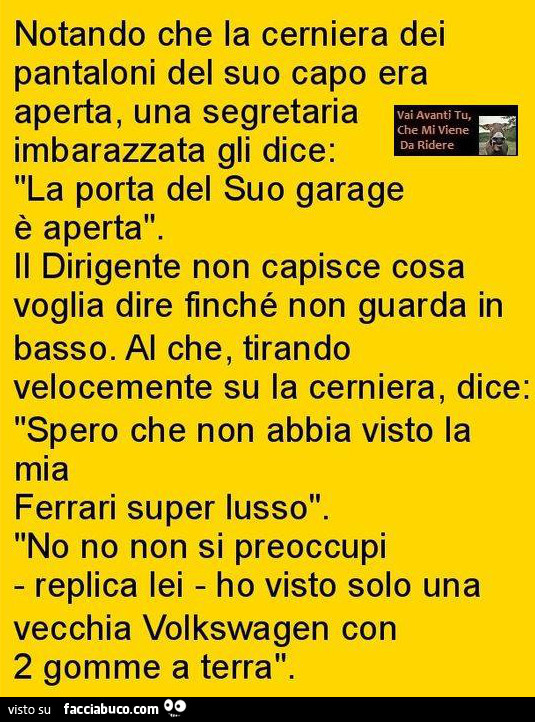 Notando che la cerniera dei pantaloni del suo capo era aperta, una segretaria vai avanti tu, che mi viene imbarazzata gli dice: da ridere la porta del suo garage è aperta. Il dirigente non capisce cosa voglia dire finché non guarda in basso