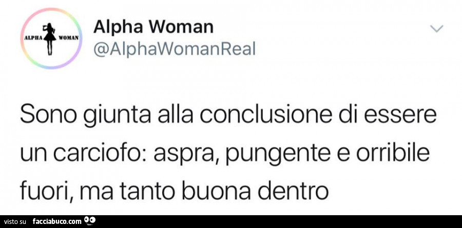Sono giunta alla conclusione di essere un carciofo: aspra, pungente e orribile fuori ma tanto buona dentro