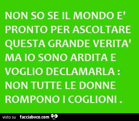 Non so se il mondo è pronto per ascoltare questa grande Verità ma io sono ardita e voglio declamarla: non tutte le donne rompono i coglioni