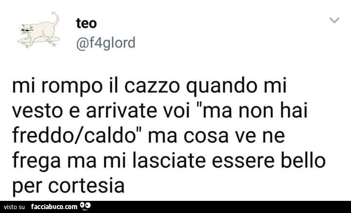 Mi rompo il cazzo quando mi vesto e arrivate voi ma non hai freddo/caldo ma cosa ve ne frega ma mi lasciate essere bello per cortesia