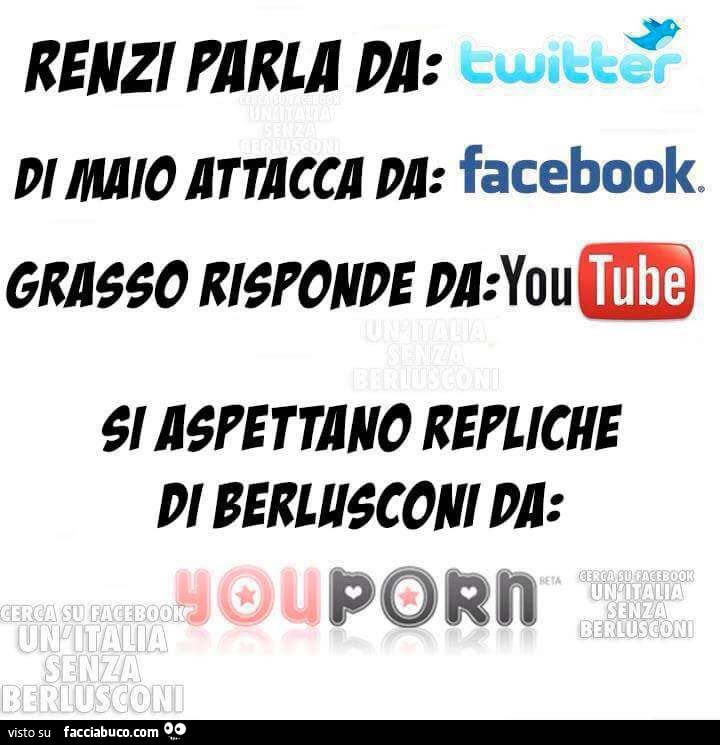 Renzi parla da Twitter. Di Maio attacca da Facebook. Grasso risponde da: YouTube. Si aspettano repliche di Berlusconi da YouPorn