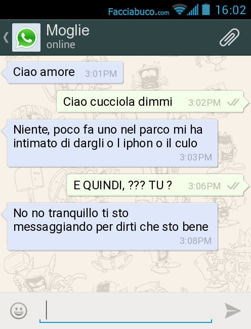 Ciao amore. Ciao cucciola dimmi. Niente, poco fa uno nel parco mi ha intimato di dargli o l iphon o il culo. E QUINDI, ? TU? No no tranquillo ti sto messaggiando per dirti che sto bene