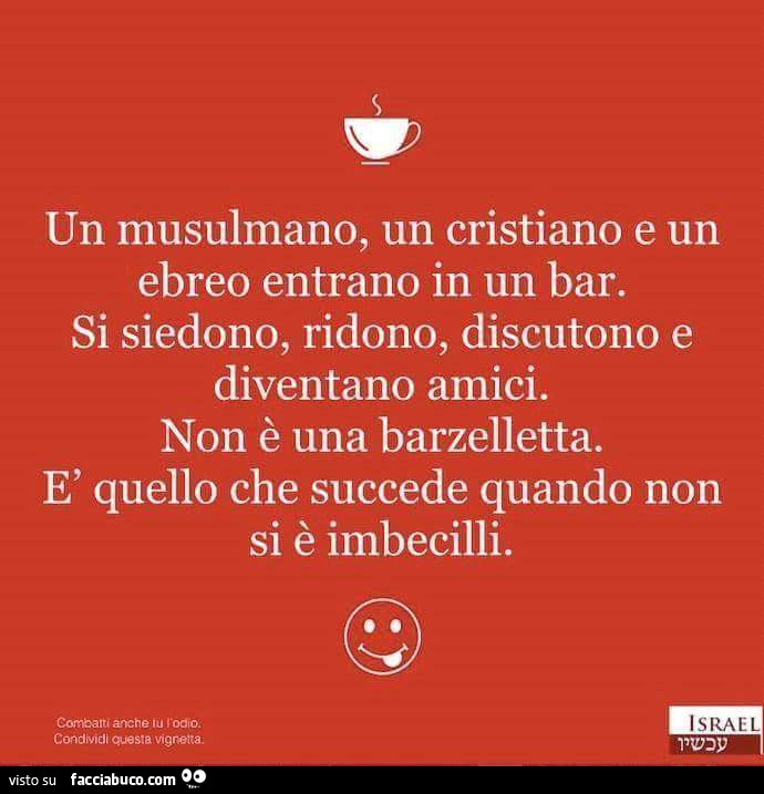 Un musulmano, un cristiano e un ebreo entrano in un bar. Si siedono, ridono, discutono e diventano amici. Non è una barzelletta. È Quello che succede quando non si è imbecilli