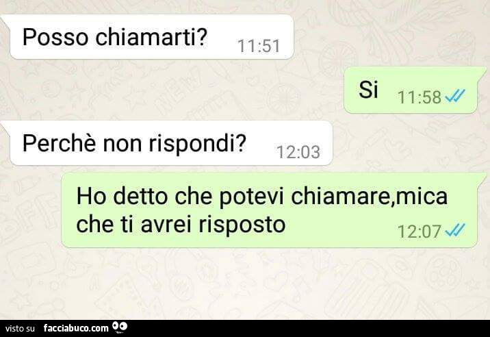 Posso chiamarti? Si. Perchè non rispondi? Ho detto che potevi chiamare, mica che ti avrei risposto