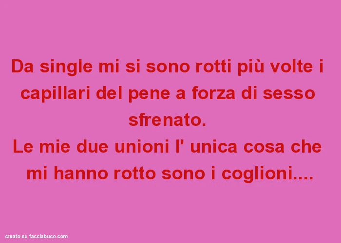 Da single mi si sono rotti più volte i capillari del pene a forza di sesso sfrenato. Le mie due unioni l' unica cosa che mi hanno rotto sono i coglioni