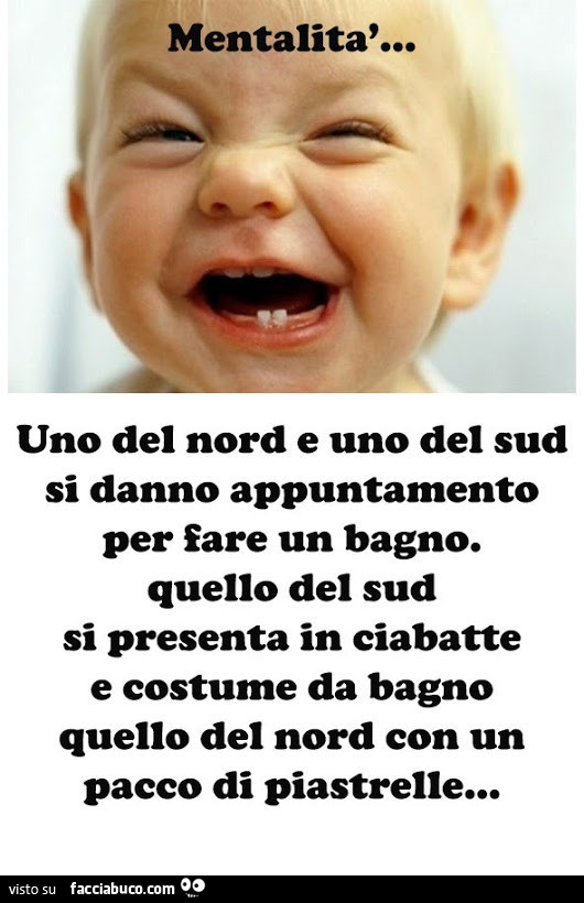 Mentalità… uno del nord e uno del sud si danno appuntamento per fare un bagno. Quello del sud si presenta in ciabatte e costume da bagno quello del nord con un pacco di piastrelle