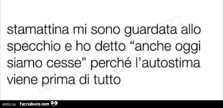 Stamattina mi sono guardata allo specchio e ho detto anche oggi siamo cesse perché l'autostima viene prima di tutto