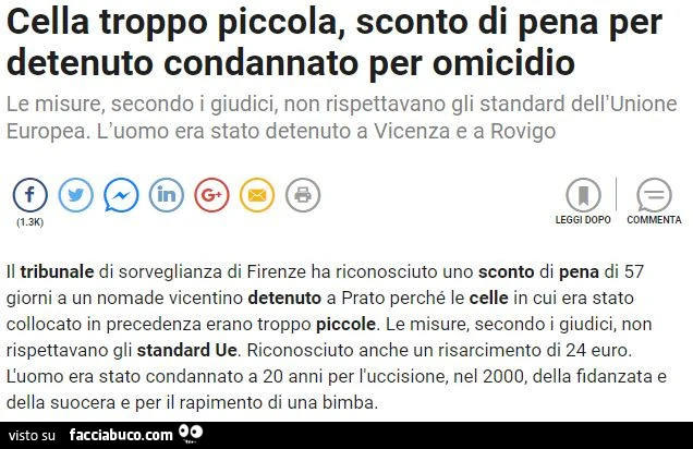 Cella troppo piccola, sconto di pena per detenuto condannato per omicidio. Le misure, secondo i giudici, non rispettavano gli standard dell'unione europea