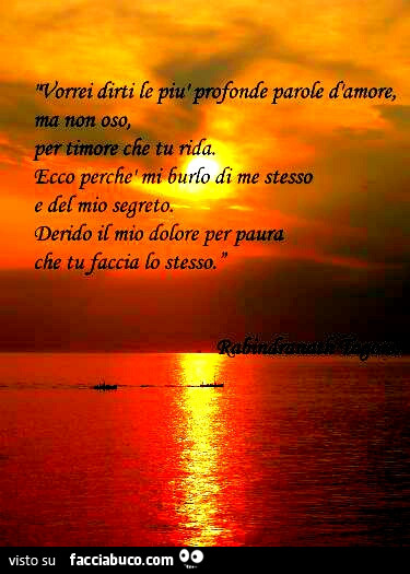 Vorrei dirti le più profonde parole d'amore, ma non oso, per timore che tu rida. Ecco perchè mi burlo di me stesso e del mio segreto. Derido il mio dolore per paura che tu faccia lo stesso