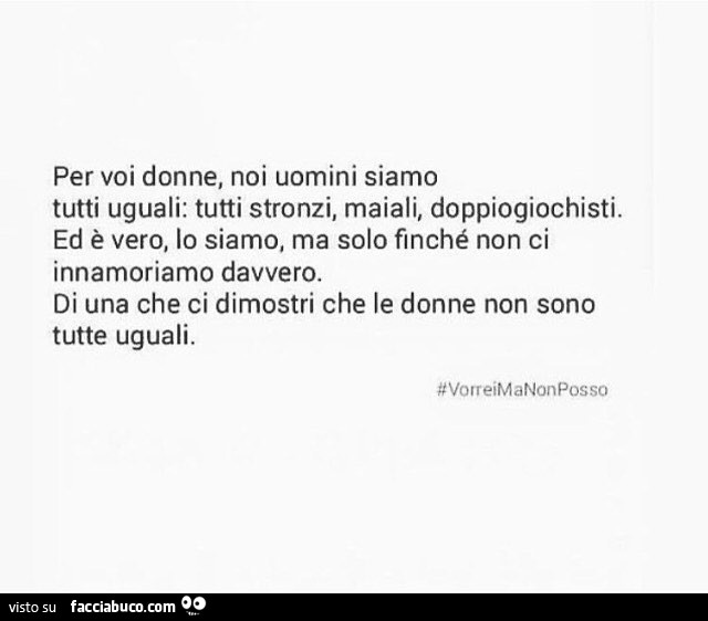 Per voi donne, noi uomini siamo tutti uguali: tutti stronzi, maiali, doppiogiochisti. Ed è vero. Lo siamo, ma solo finché non ci innamoriamo davvero. Di una che ci dimostri che le donne non sono tutte uguali