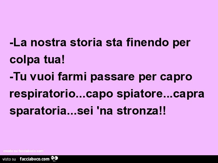 La nostra storia sta finendo per colpa tua! -Tu vuoi farmi passare per capro respiratorio&hellip; capo spiatore&hellip; capra sparatoria&hellip; sei 'na stronza