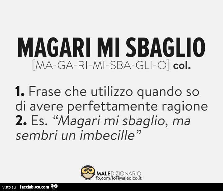 Magari mi sbaglio. Frase che utilizzo quando so di avere perfettamente ragione. Es. Magari mi sbaglio, ma sembri un imbecille