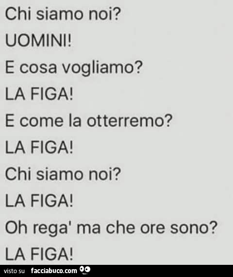 Chi siamo noi? Uomini! E cosa vogliamo? La figa! E come la otterremo? La figa! Chi siamo noi? La figa! Oh regà ma che ore sono? La figa