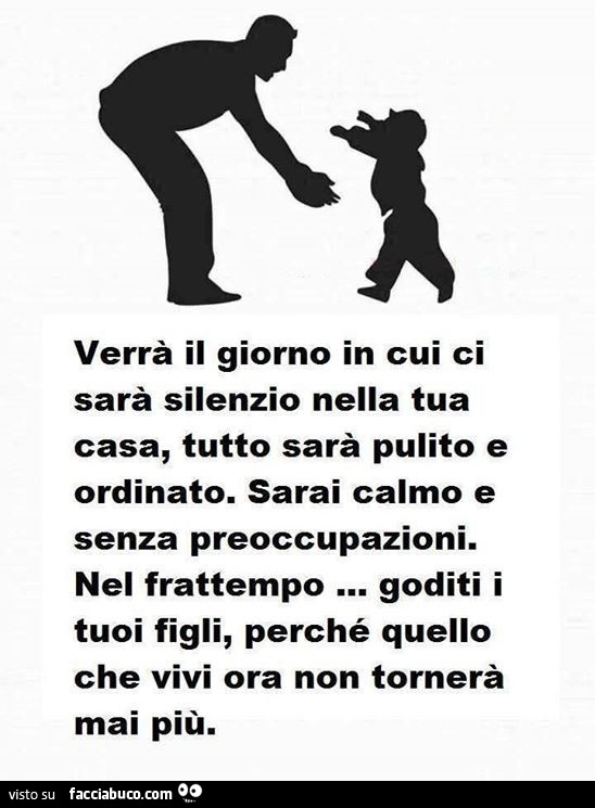 Verrà il giorno in cui ci sarà silenzio nella tua casa, tutto sarà pulito e ordinato. Sarai calmo e senza preoccupazioni. Nel frattempo goditi i tuoi figli, perché quello che vivi ora non tornerà mai più