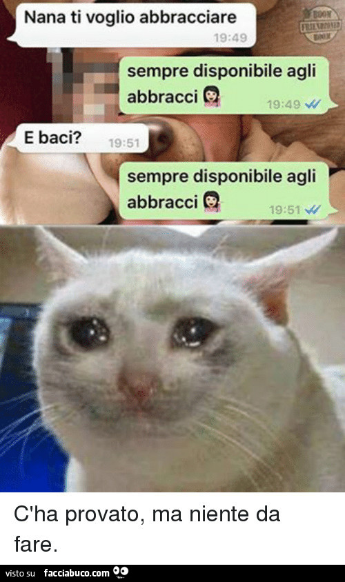 Nana ti voglio abbracciare. Sempre disponibile agli abbracci. E baci? Sempre disponibile agli abbracci. C'ho provato, ma niente da fare