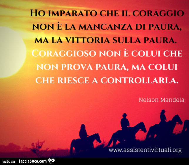 Ho imparato che il coraggio non è la mancanza di paura, ma la vittoria sulla paura. Coraggioso non è colui che non prova paura, ma colui che riesce a controllarla. Nelson Mandela