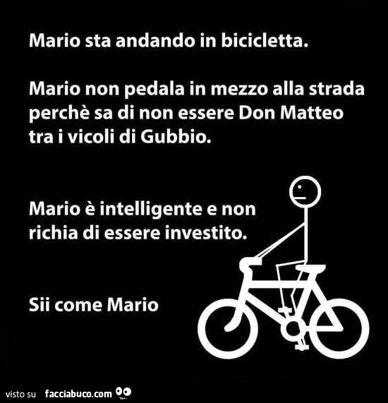 Mario sta andando in bicicletta. Mario non pedala in mezzo alla strada perchè sa di non essere don matteo tra i vicoli di gubbio. Mario è intelligente e non richia di essere investito. Sii come mario