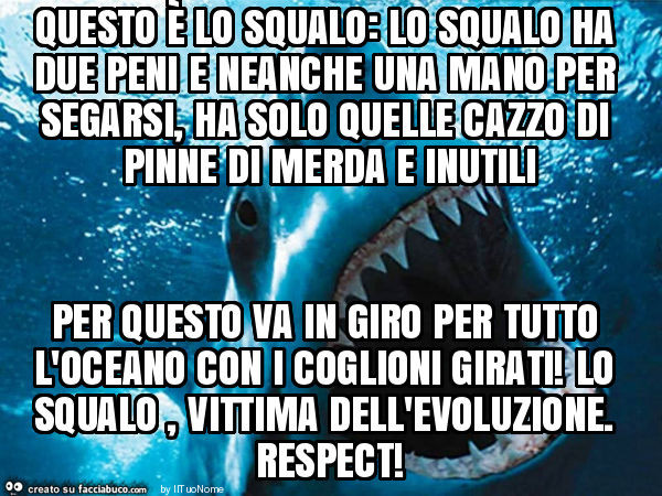 Questo è lo squalo: lo squalo ha due peni e neanche una mano per segarsi, ha solo quelle cazzo di pinne di merda e inutili per questo va in giro per tutto l'oceano con i coglioni girati! Lo squalo, vittima dell'evoluzione. Respect