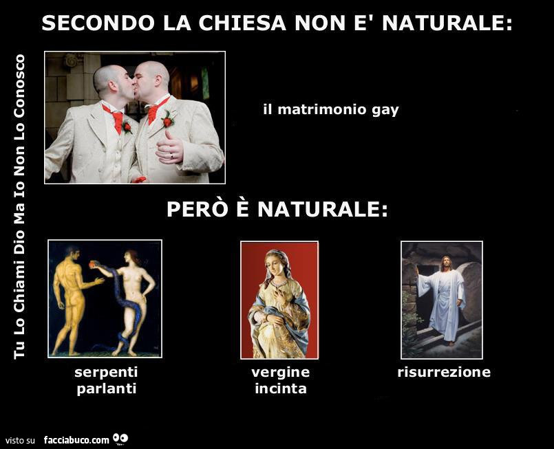 Secondo la chiesa non è naturale: il matrimonio gay. Però è naturale: serpenti parlanti, vergine incinta, risurrezione