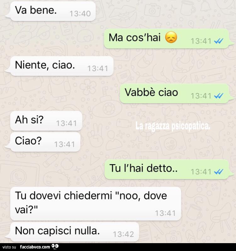 Va bene. Ma cos'hai. Niente, ciao. Vabbè ciao. Ah si? Ciao? Tu l'hai detto. Tu dovevi chiedermi noo, dove vai? Non capisci nulla