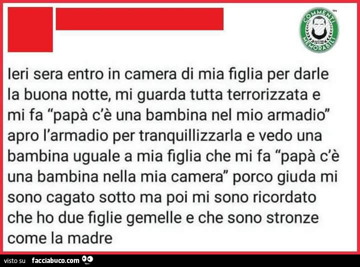 Ieri sera entro in camera di mia figlia per darle la buona notte, mi guarda tutta terrorizzata e mi fa papà c'è una bambina nel mio armadio apro l'armadio per tranquillizzarla e vedo una bambina uguale a mia figlia