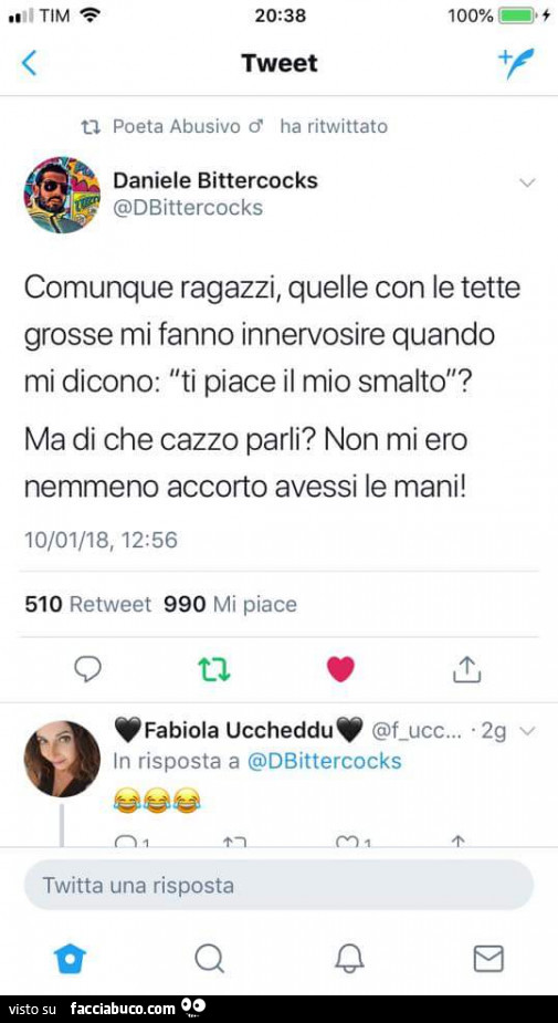 Comunque ragazzi, quelle con le tette grosse mi fanno innervosire quando mi dicono: ti piace il mio smalto? Ma di che cazzo parli? Non mi ero nemmeno accorto avessi le mani