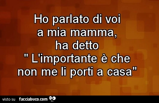 Ho parlato di voi a mia mamma, ha detto l'importante è che non me li porti a casa