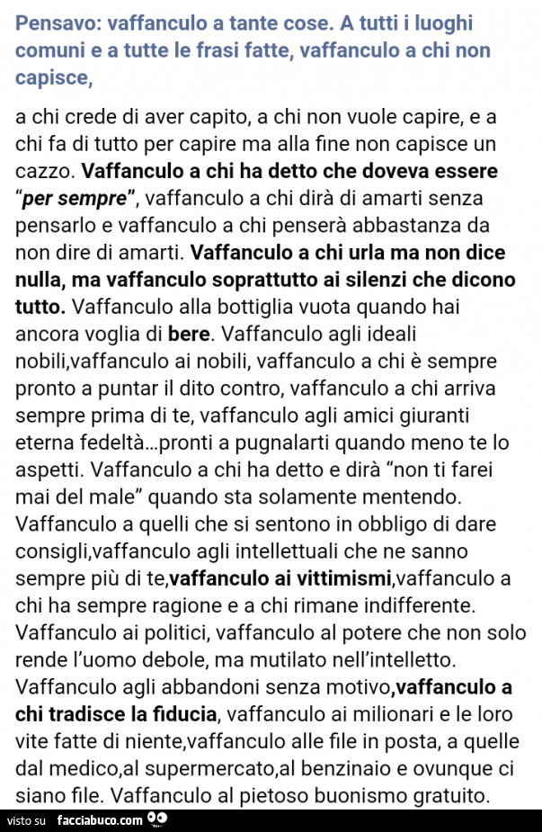 Pensavo: vaffanculo a tante cose. A tutti i luoghi comuni e a tutte le frasi fatte, vaffanculo a chi non capisce, a chi crede di aver capito, a chi non vuole capire