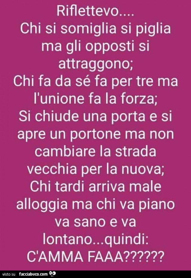 Riflettevo… chi si somiglia si piglia ma gli opposti si attraggono; chi fa da sé fa per tre ma l'unione fa la forza; si chiude una porta e si apre un portone ma non cambiare la strada vecchia per la nuova