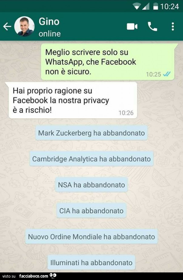 Meglio scrivere solo su whatsapp, che facebook non è sicuro. Hai proprio ragione su facebook la nostra privacy è a rischio