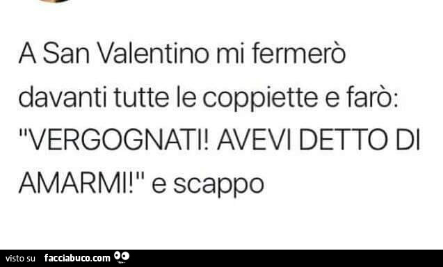 A san valentino mi fermerò davanti tutte le coppiette E farò: vergognati! Avevi detto di amarmi! E scappo