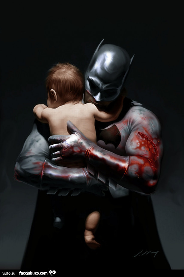 Batman grasso e ferito con bimbo in braccio