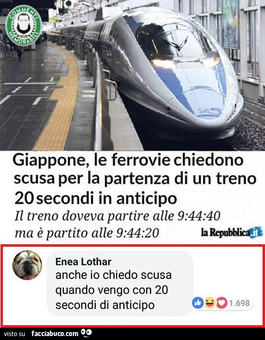 Giappone, le ferrovie chiedono scusa per la partenza di un treno 20 secondi in anticipo. Anche io chiedo scusa quando vengo con 20 secondi di anticipo