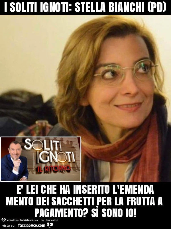 I soliti ignoti: stella bianchi (pd) è lei che ha inserito l'emendamento dei sacchetti per la frutta a pagamento? Sì sono io